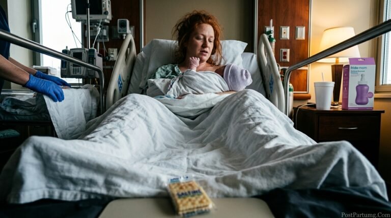 New mother in early vaginal birth recovery resting in hospital bed with newborn while care team monitors healing in first hours after delivery
