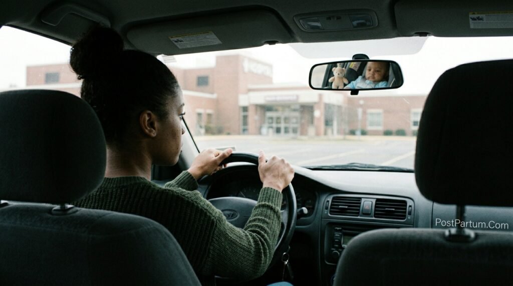 Mother experiencing childbirth related PTSD flashback while driving past hospital weeks after delivery hands gripping steering wheel in trauma response
