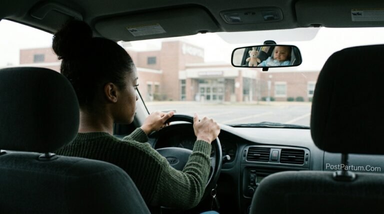 Mother experiencing childbirth related PTSD flashback while driving past hospital weeks after delivery hands gripping steering wheel in trauma response