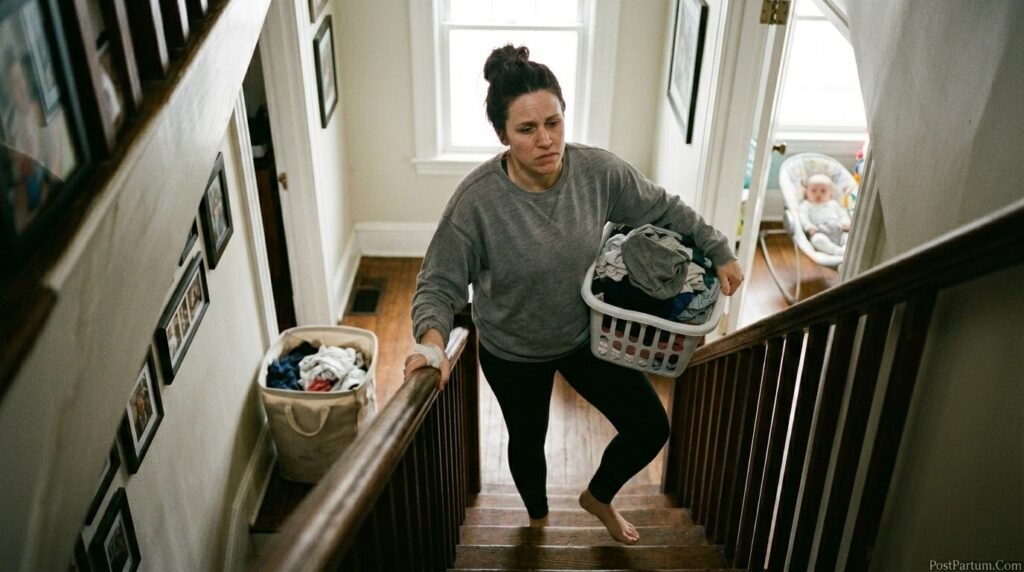 Postpartum mother stopping on stairs holding lower back in pain from pelvic girdle pain while carrying baby unable to complete daily tasks without back pain