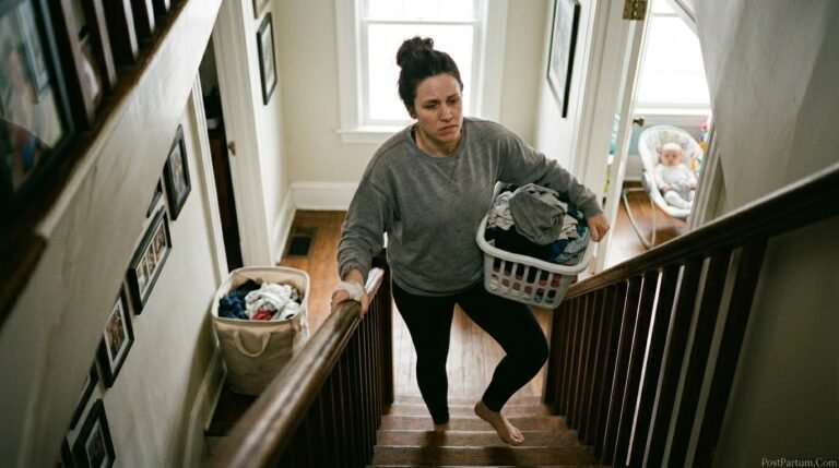 Postpartum mother stopping on stairs holding lower back in pain from pelvic girdle pain while carrying baby unable to complete daily tasks without back pain