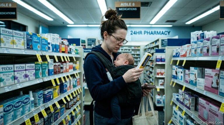 New mother standing in pharmacy aisle late at night reading hemorrhoid cream label during postpartum recovery representing one of the most common but least discussed experiences after birth