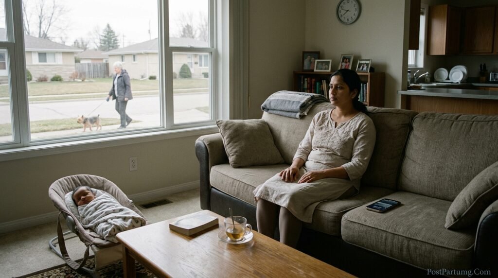 New mother sitting alone in quiet living room on Tuesday afternoon with sleeping baby feeling deep postpartum loneliness despite having partner and family nearby