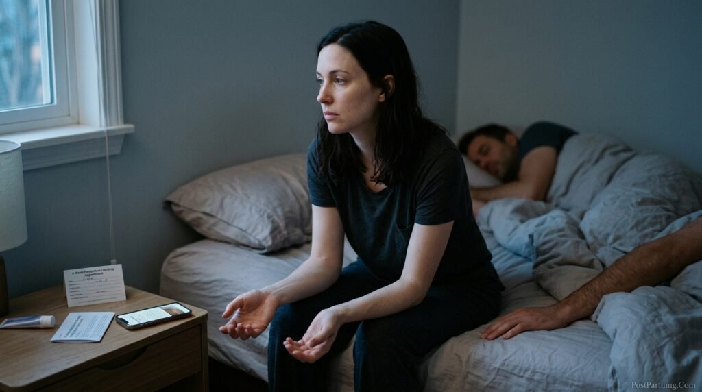 Postpartum mother sitting on bed edge after six week clearance feeling no sexual desire looking distant while partner sleeps showing hormonal cause of low libido
