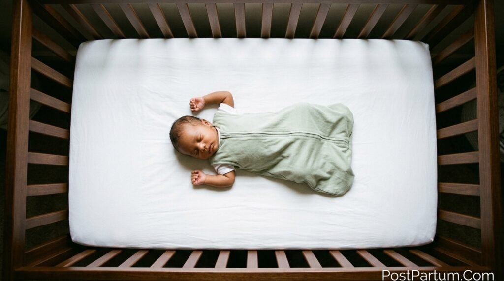 Newborn baby sleeping safely alone on back in bare crib following AAP safe sleep guidelines with no blankets pillows or soft objects